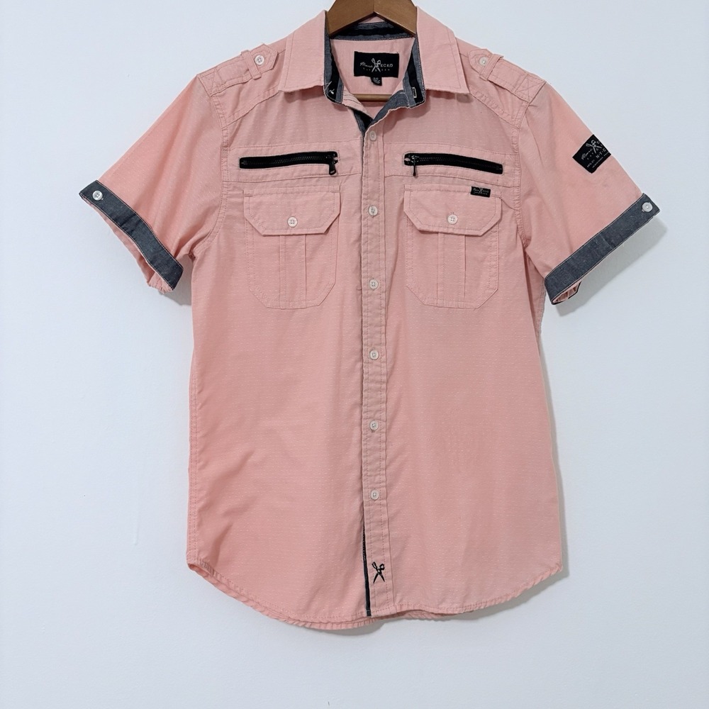 Marc Ecko Mens Small Salmon  Cotton Short Sleeve Pockets Collared Button Down